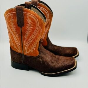 ARIAR Suede Leather Mid Calf Square Toe Low Heel Boots Brown Orange Size 7.5